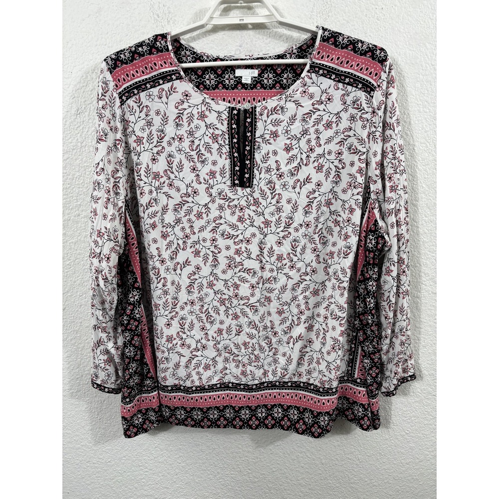 J Jill Shirt Womens 4X White Pink Floral Print Boho Rayon Tunic Long Sleeve